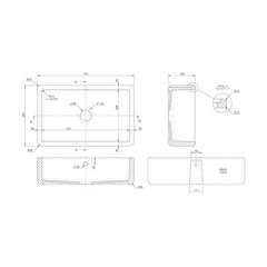 [BLBU17132] Traditional Single Bowl Fireclay Ceramic Butler Kitchen Sink with Overflow - 795mm - Technical Drawing