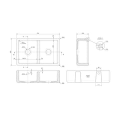 [BLBU171AS32D] Traditional Double Bowl Fireclay Ceramic Butler Kitchen Sink with Stepped Weir and Overflow - 795mm - Technical Drawing