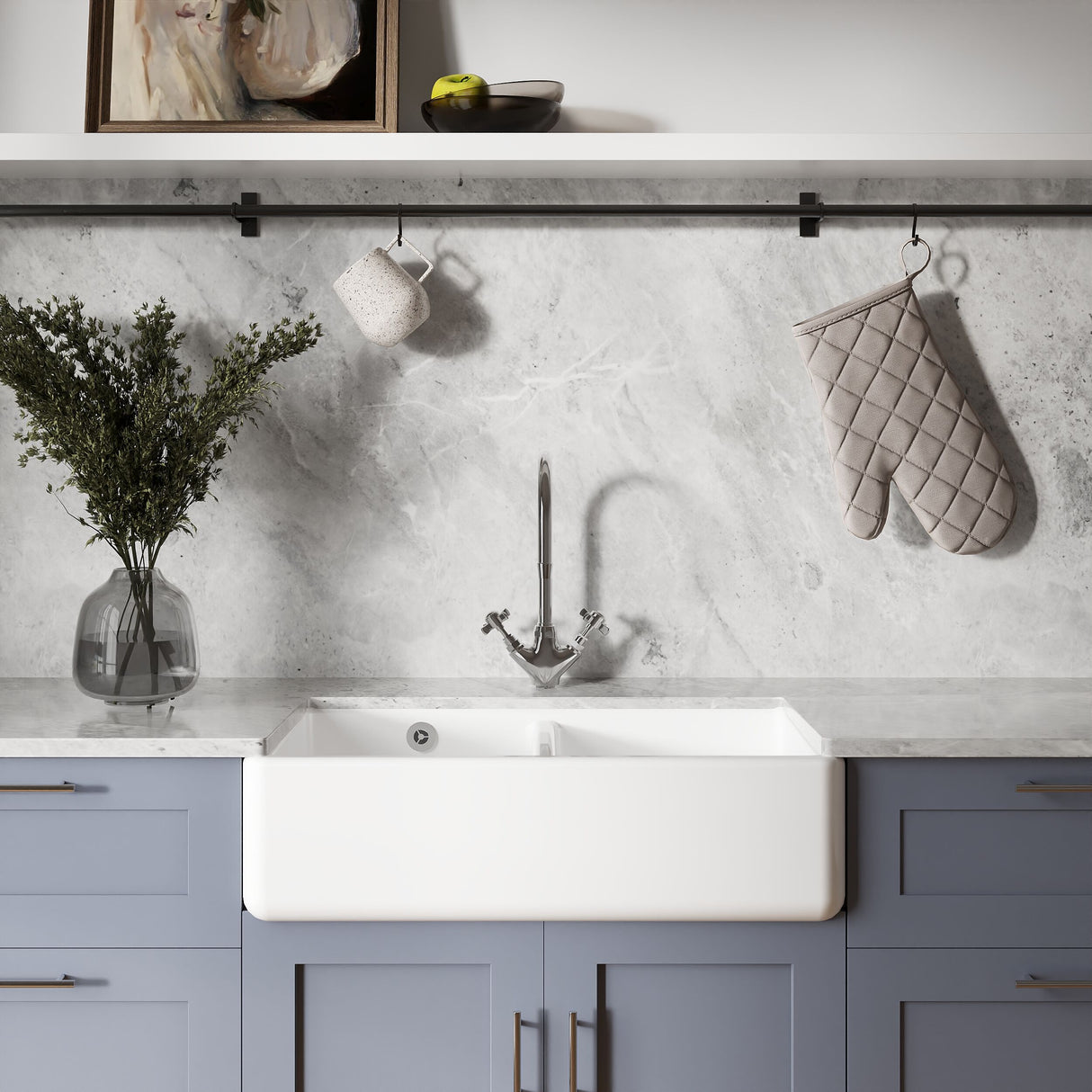 [BLBU171AS32D] Traditional Double Bowl Fireclay Ceramic Butler Kitchen Sink with Stepped Weir and Overflow - 795mm - Lifestyle 1