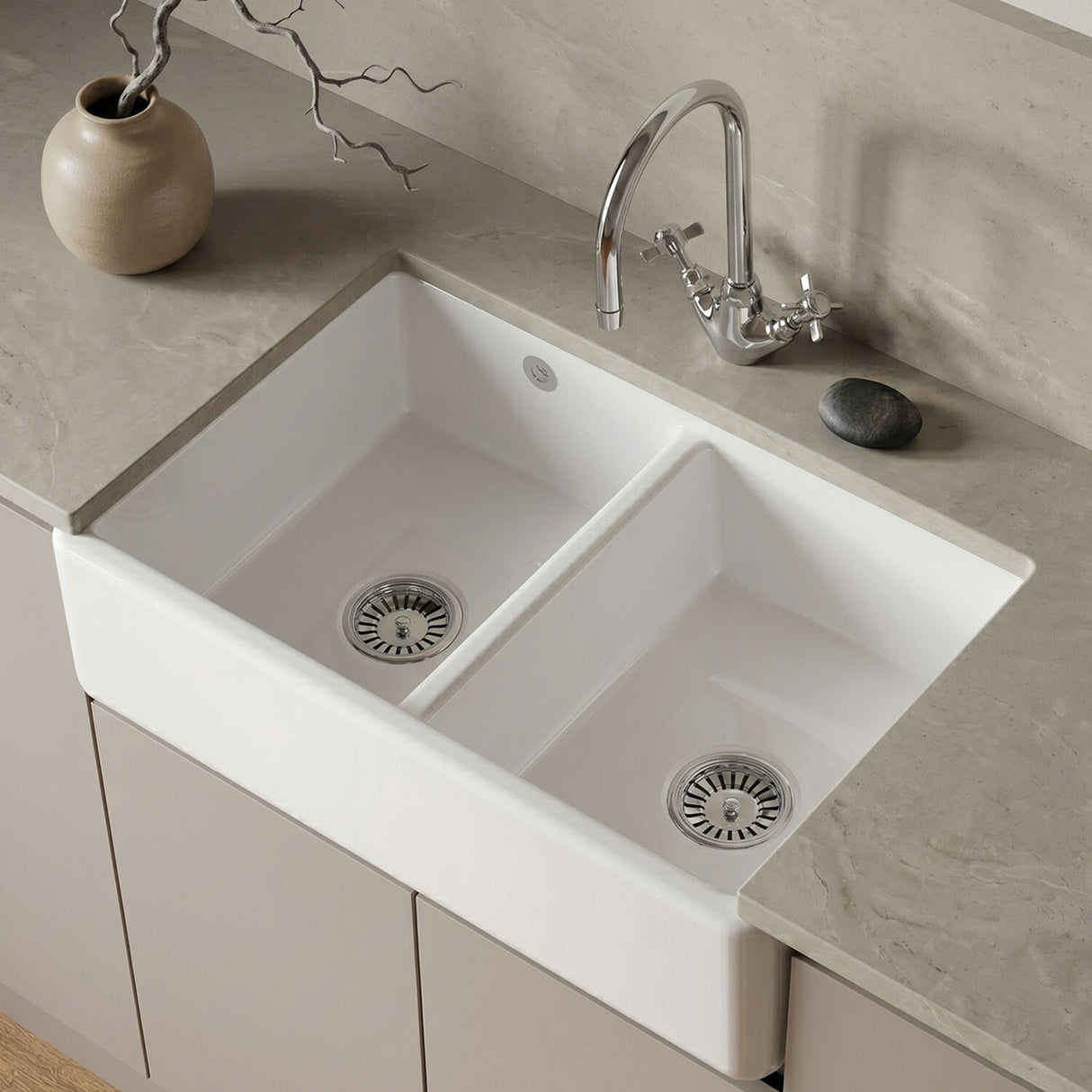[BLBU171AS32D] Traditional Double Bowl Fireclay Ceramic Butler Kitchen Sink with Stepped Weir and Overflow - 795mm - Silo