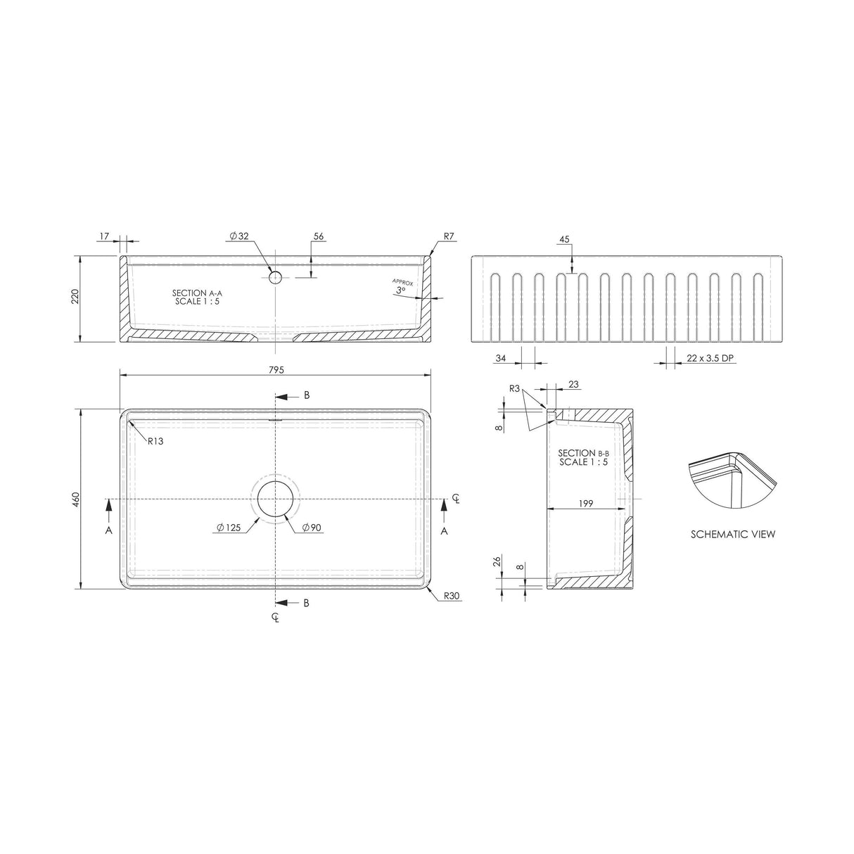 [BLBU18132] Fireclay Ceramic Kitchen Sink with Ledge - Choice of Design and Style - Technical Drawing