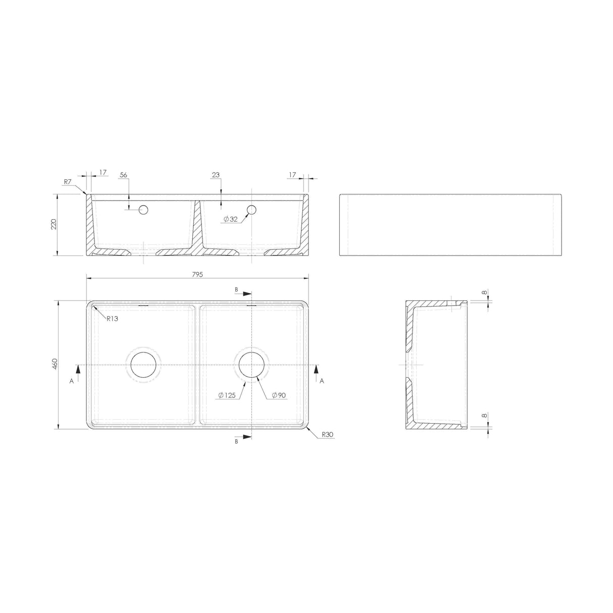 [BLBU181AF32D] Fireclay Ceramic Kitchen Sink with Ledge - Choice of Design and Style - Technical Drawing