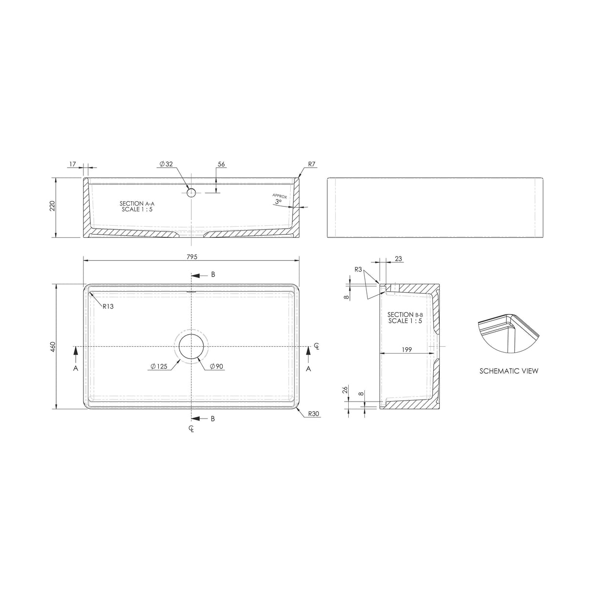 [BLBUF18132] Fireclay Ceramic Kitchen Sink with Ledge - Choice of Design and Style - Technical Drawing
