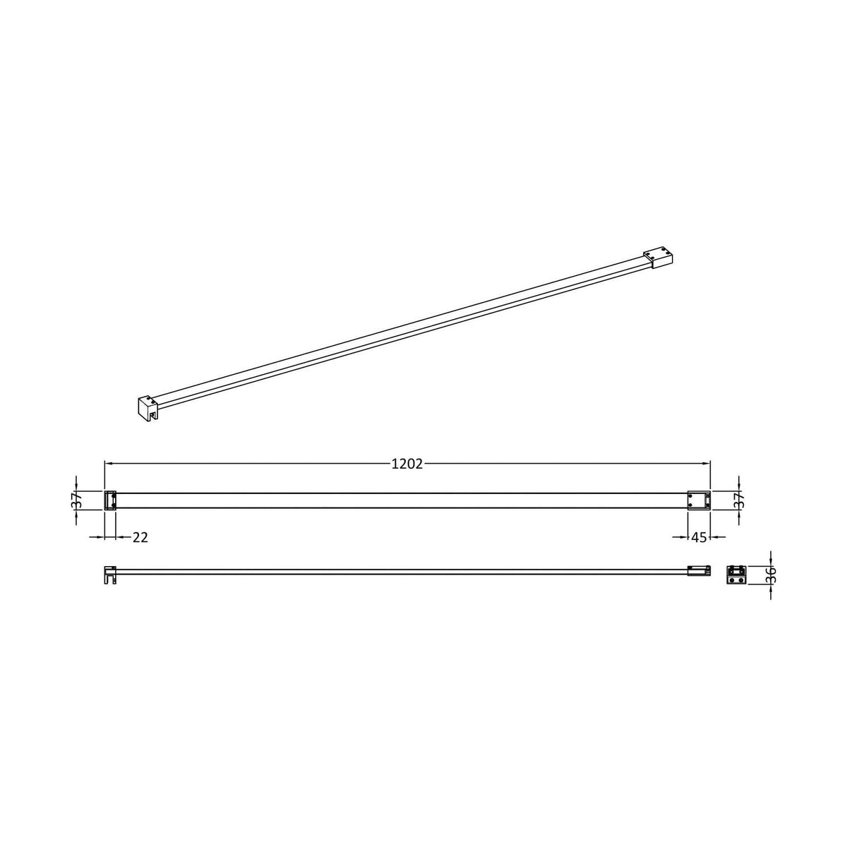 [BLFIX027] Contemporary Screen Support Bar Kit Wetroom Accessories, Choice of Colour - Technical Drawing
