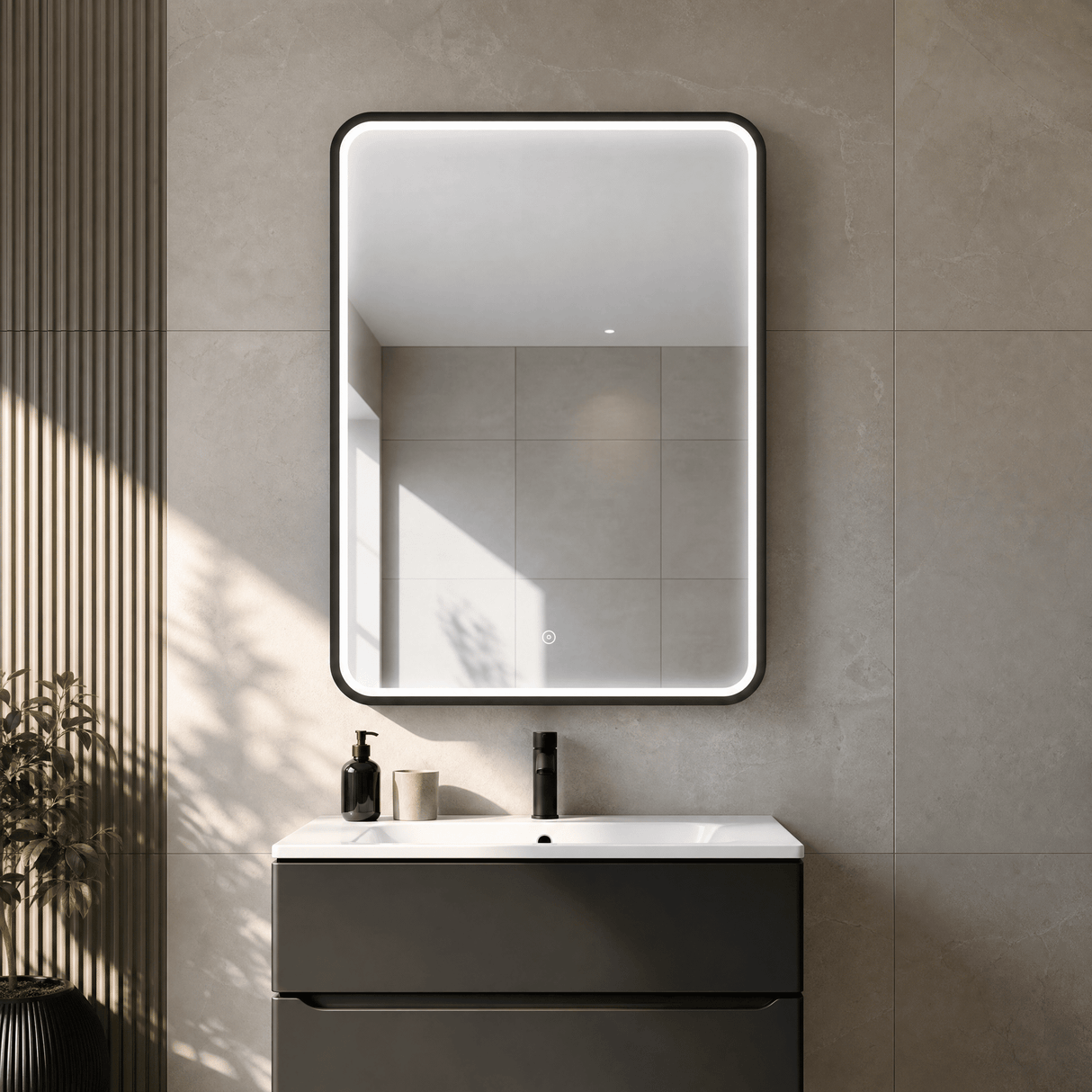 [BLQ731] Quixhill Contemporary Inset Framed LED Touch Sensor Mirror with De-mister Pad, 700 x 500mm - Choice of Colour - Lifestyle 1