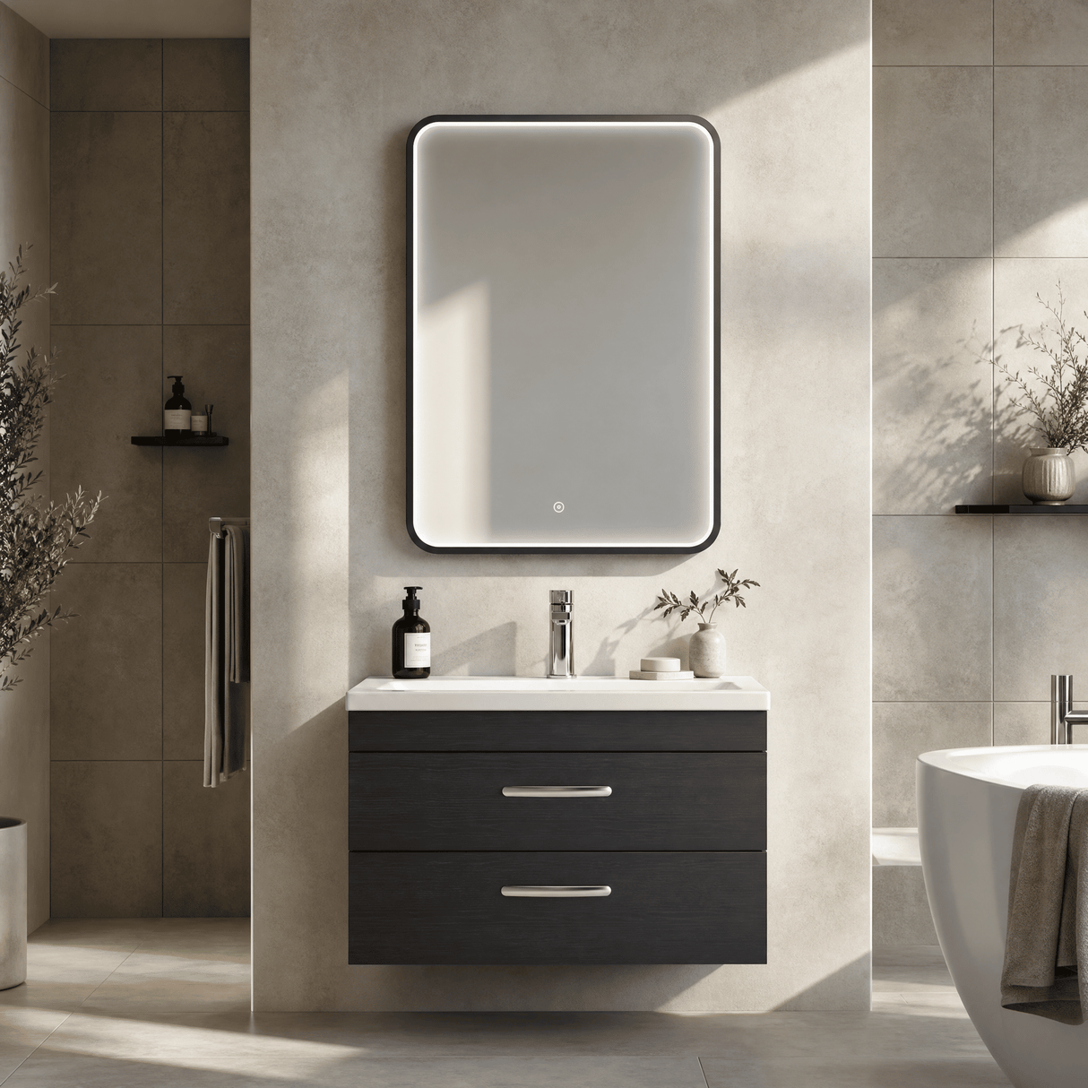 [BLQ731] Quixhill Contemporary Inset Framed LED Touch Sensor Mirror with De-mister Pad, 700 x 500mm - Choice of Colour - Lifestyle 3