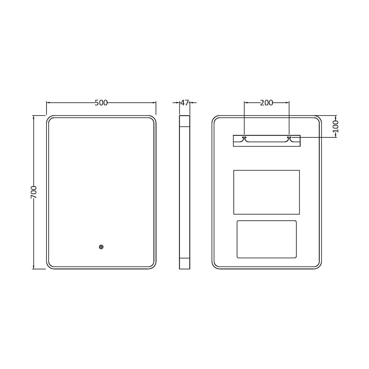 [BLQ733] Quixhill Contemporary Inset Framed LED Touch Sensor Mirror with De-mister Pad, 700 x 500mm - Choice of Colour - Technical Drawing