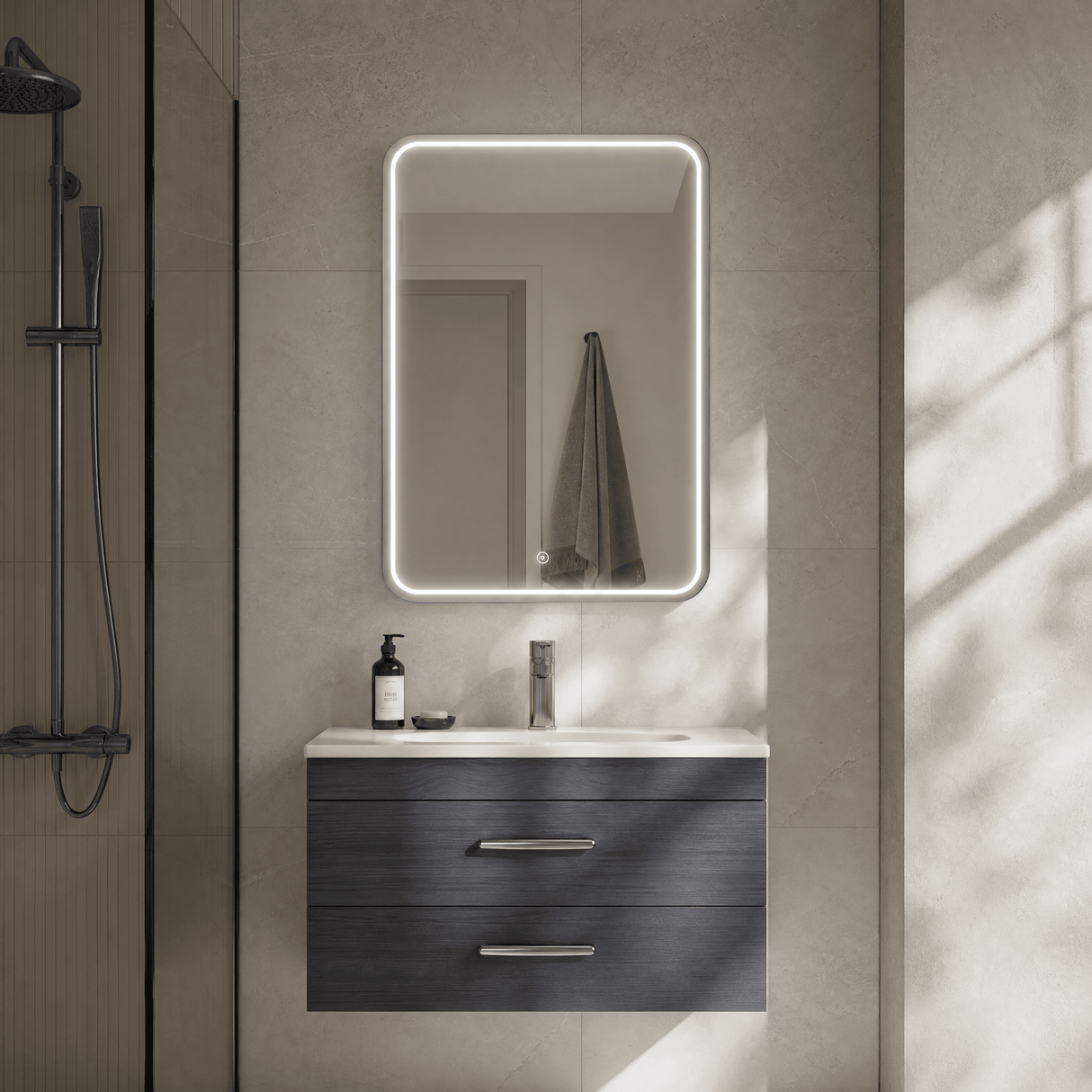 [BLQ733] Quixhill Contemporary Inset Framed LED Touch Sensor Mirror with De-mister Pad, 700 x 500mm - Choice of Colour - Lifestyle 1