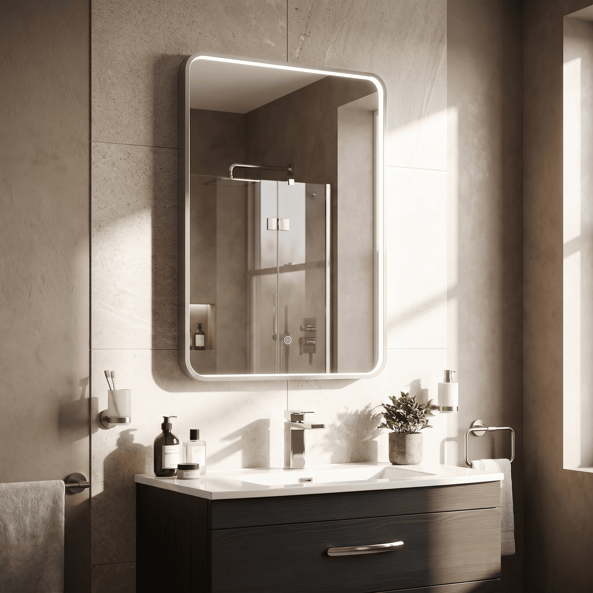 [BLQ733] Quixhill Contemporary Inset Framed LED Touch Sensor Mirror with De-mister Pad, 700 x 500mm - Choice of Colour - Lifestyle 2