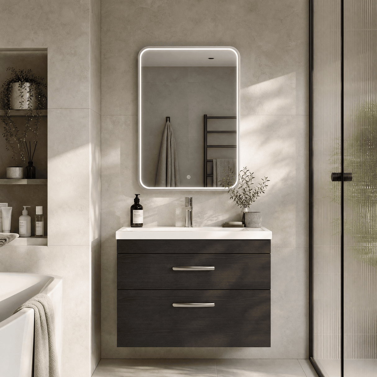 [BLQ733] Quixhill Contemporary Inset Framed LED Touch Sensor Mirror with De-mister Pad, 700 x 500mm - Choice of Colour - Lifestyle 3