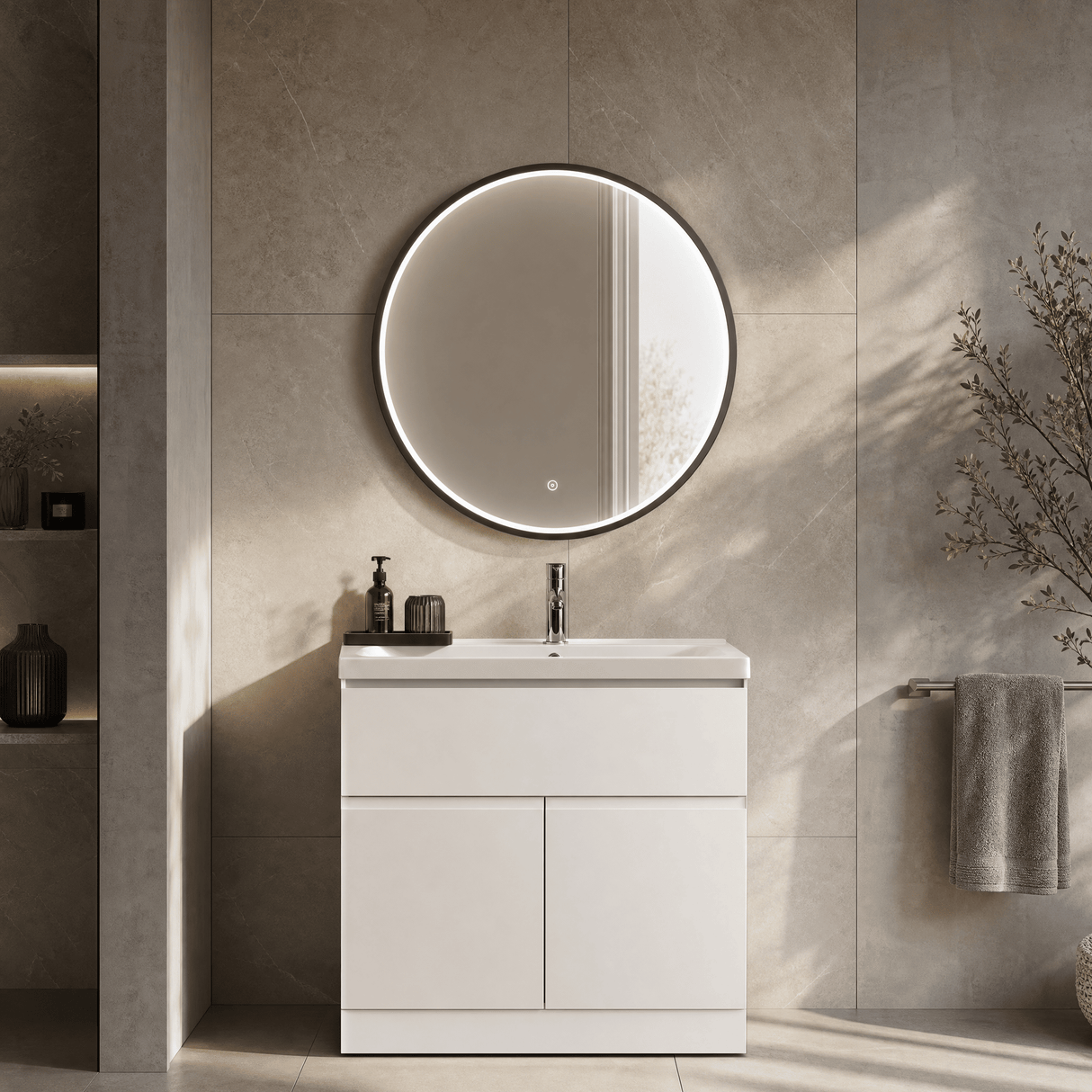 [BLQ741] Quixhill Contemporary Round Inset Framed LED Touch Sensor Mirror - Lifestyle 1