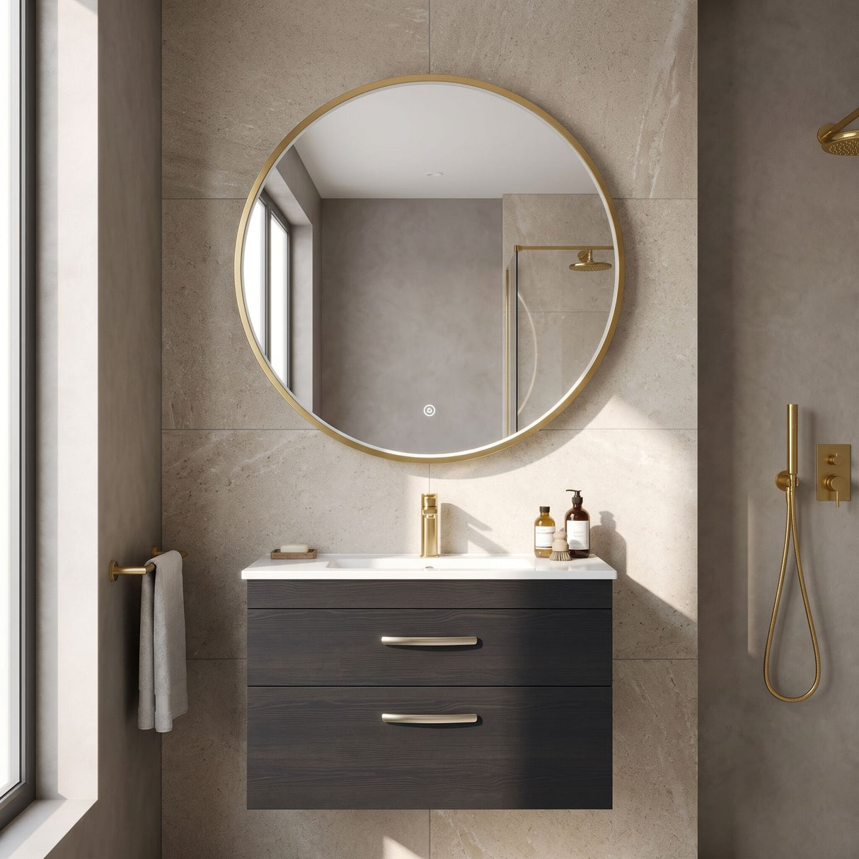 [BLQ742] Quixhill Contemporary Round Inset Framed LED Touch Sensor Mirror - Lifestyle 1