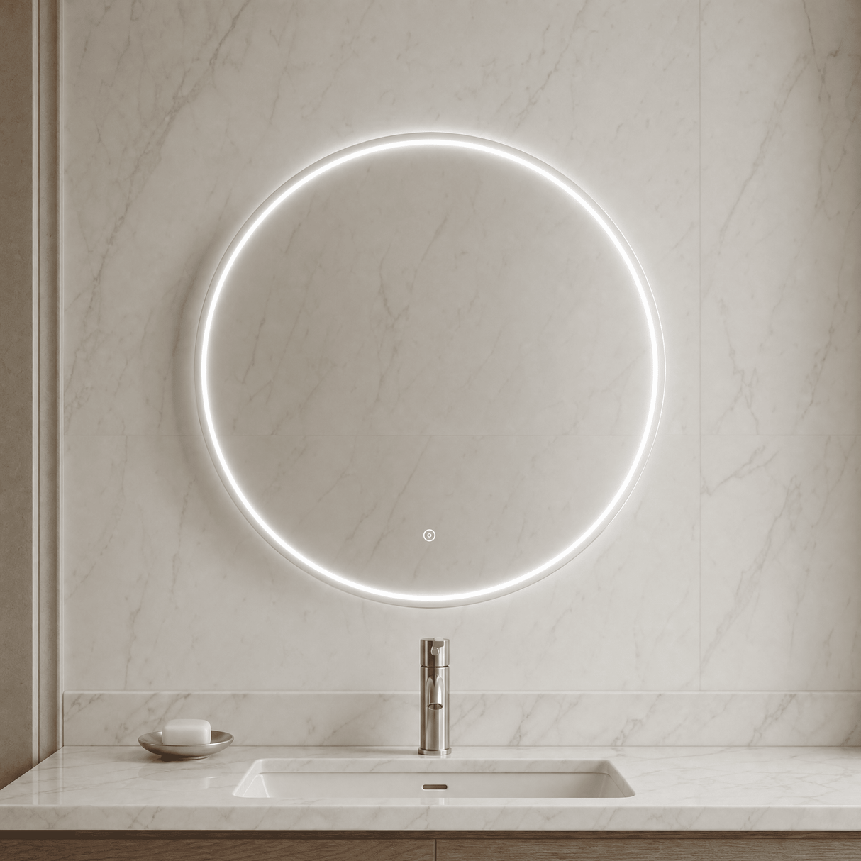 [BLQ743] Quixhill Contemporary Round Inset Framed LED Touch Sensor Mirror - Lifestyle 1
