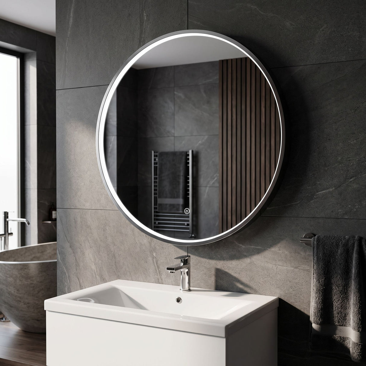 [BLQ743] Quixhill Contemporary Round Inset Framed LED Touch Sensor Mirror - Lifestyle 2