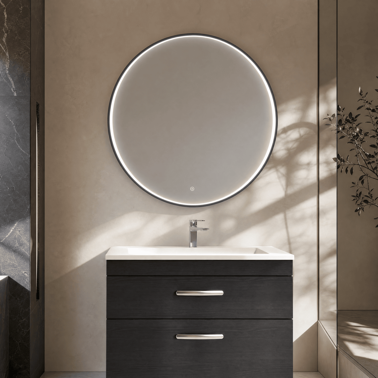 [BLQ751] Quixhill Contemporary Round Inset Framed LED Touch Sensor Mirror - Lifestyle 1