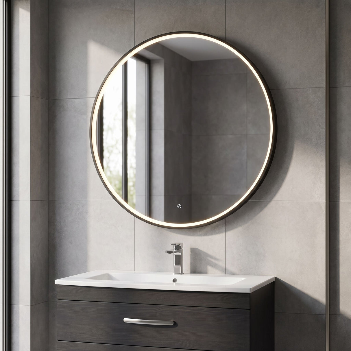 [BLQ751] Quixhill Contemporary Round Inset Framed LED Touch Sensor Mirror - Lifestyle 2