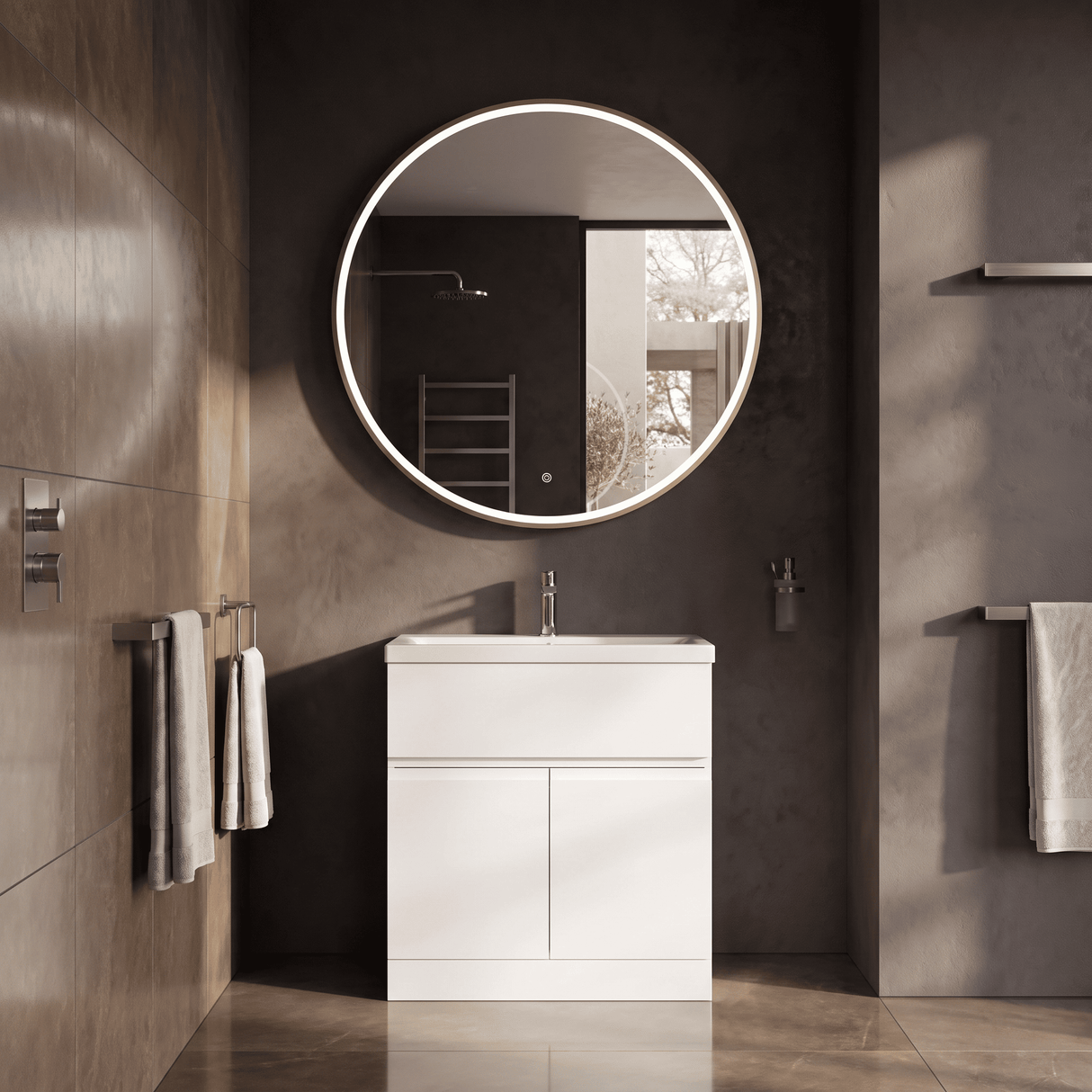 [BLQ752] Quixhill Contemporary Round Inset Framed LED Touch Sensor Mirror - Lifestyle 1