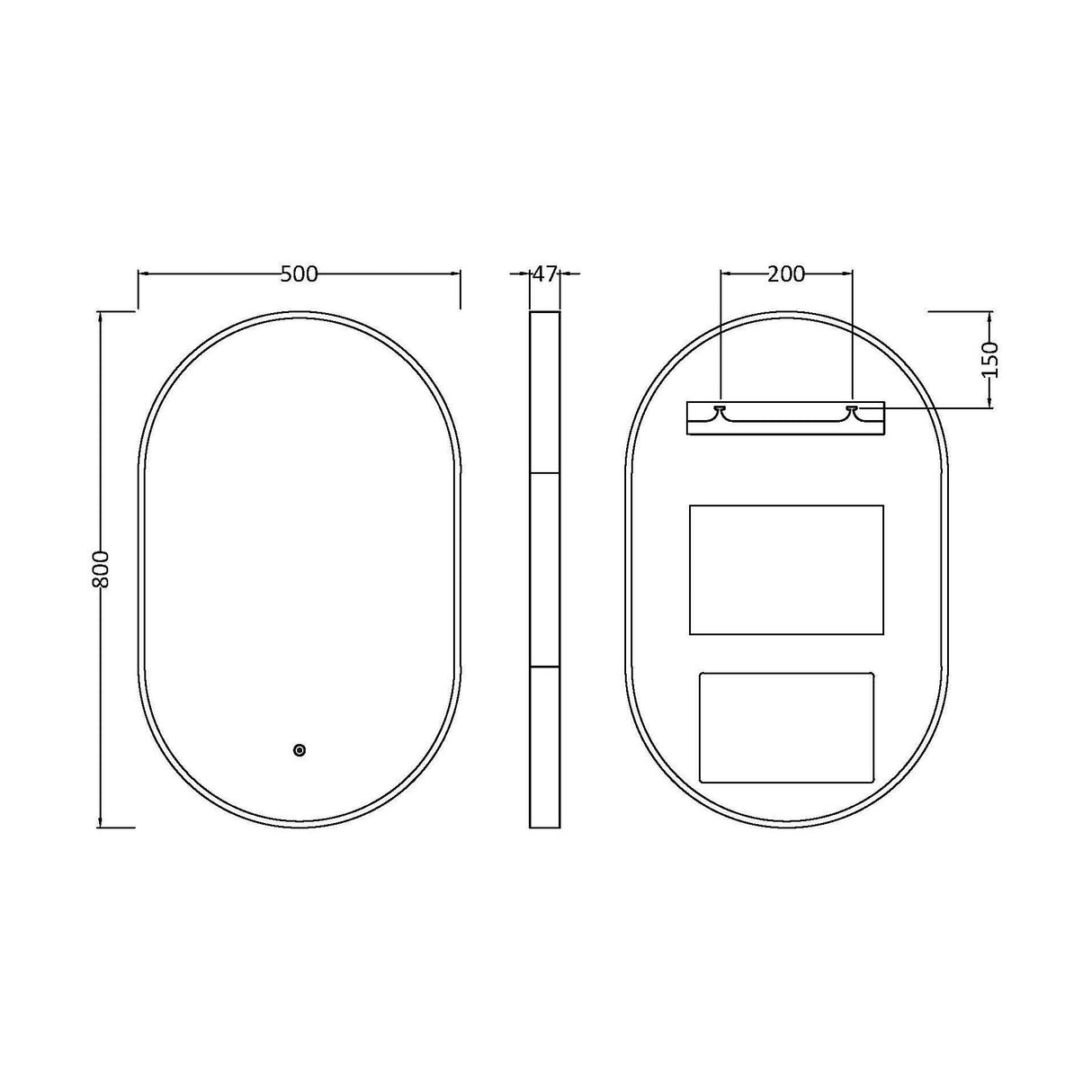 [BLQ761] Quixhill Contemporary Oval Inset Framed LED Touch Sensor Mirror - 800 x 500mm - Technical Drawing
