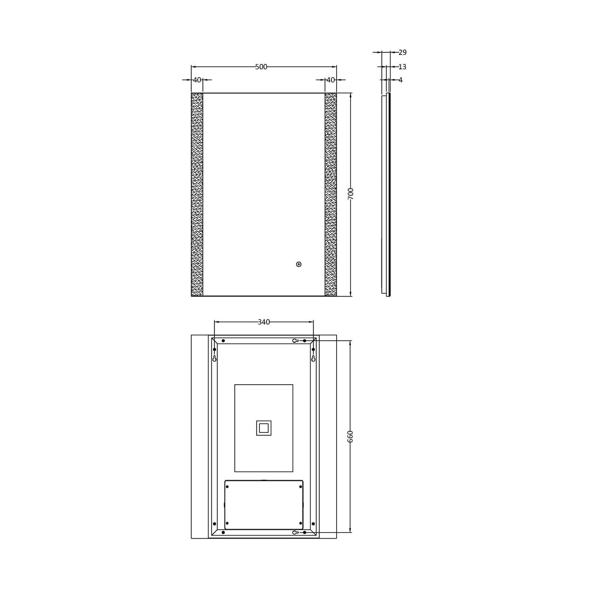 [BMAM601] Talke Contemporary Rectangular LED Illuminated Touch Sensor Mirror with Demister, 700mm x 500mm - Technical Drawing