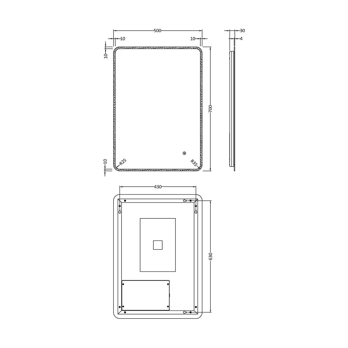 [BMAM603] Talke Soft Square LED Illuminated Touch Sensor Mirror with Demister, 700mm x 500mm - Technical Drawing