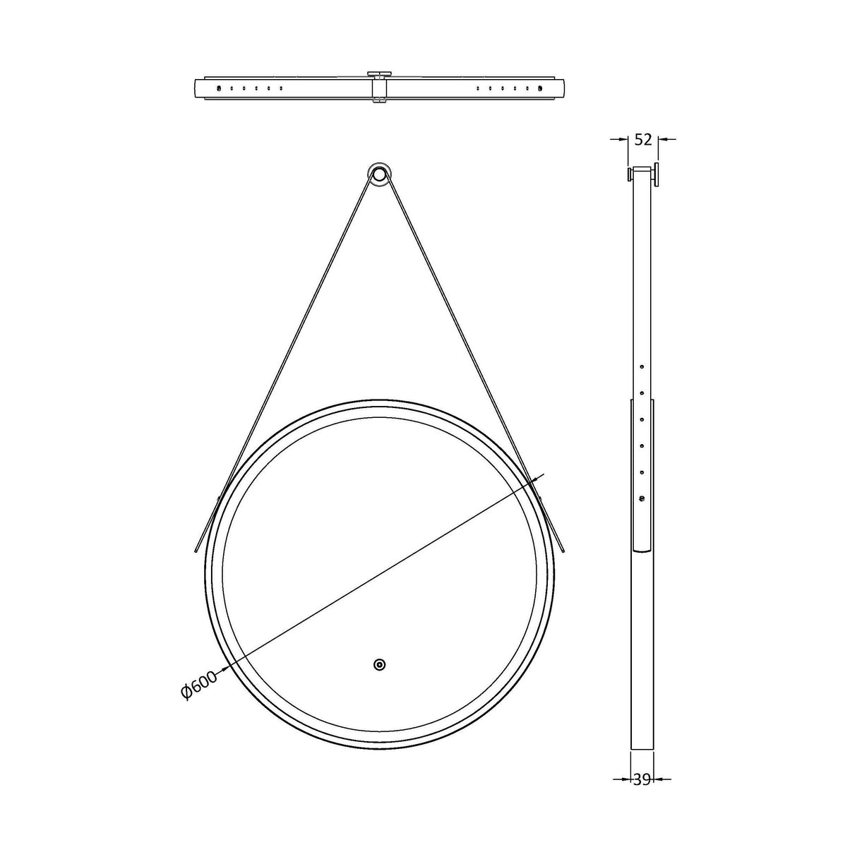[BMFR711] Quixhill Round LED Illuminated Touch Sensor Framed Mirror with Demister & Strap - Choice of Colour and Size - Technical Drawing