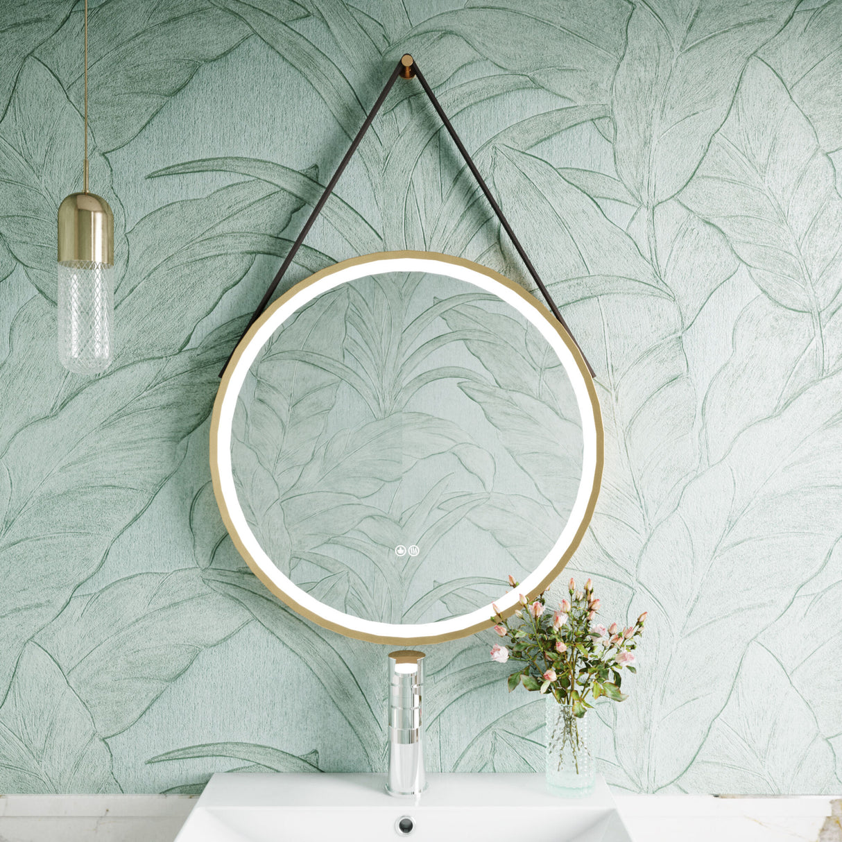 [BMFR712] Quixhill Round LED Illuminated Touch Sensor Framed Mirror with Demister & Strap - Choice of Colour and Size - Lifestyle 1