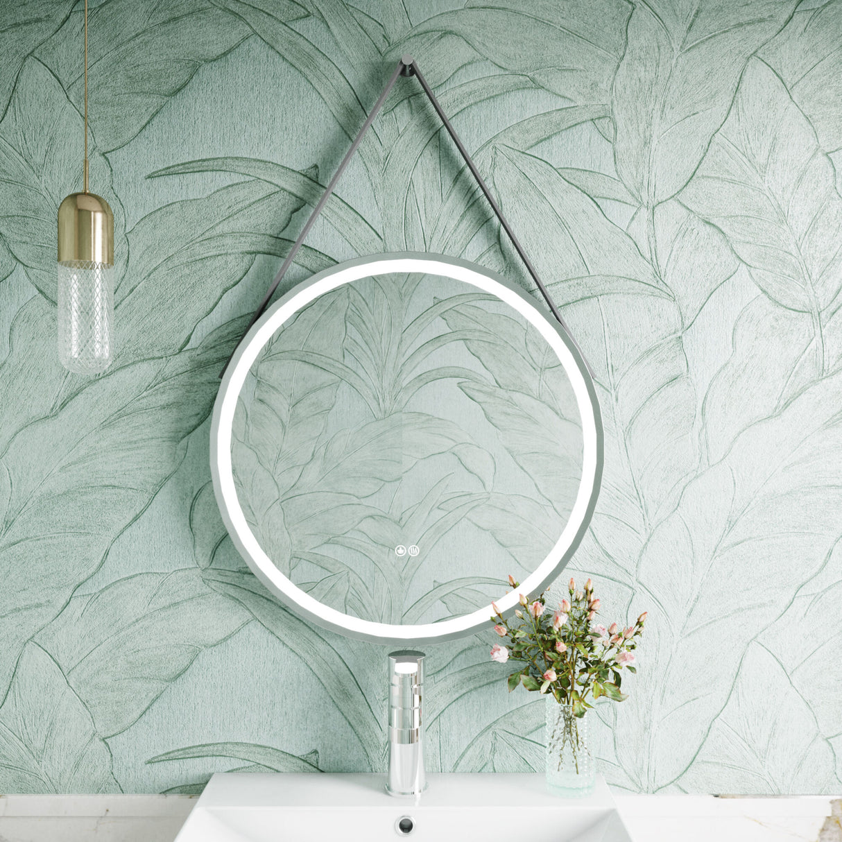 [BMFR713] Quixhill Round LED Illuminated Touch Sensor Framed Mirror with Demister & Strap - Choice of Colour and Size - Lifestyle 1