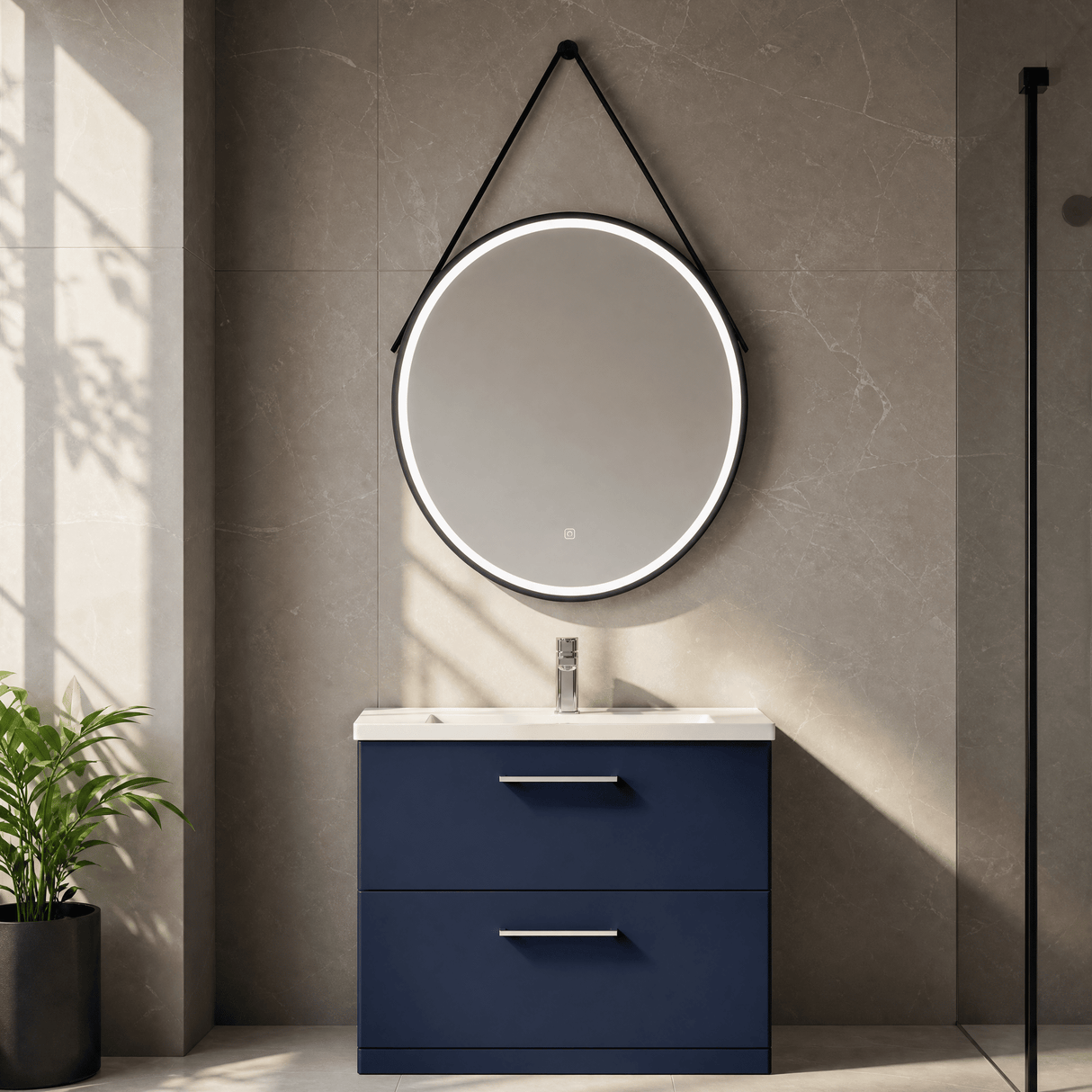 [BMFR721] Quixhill Round LED Illuminated Touch Sensor Framed Mirror with Demister & Strap - Choice of Colour and Size - Lifestyle 1