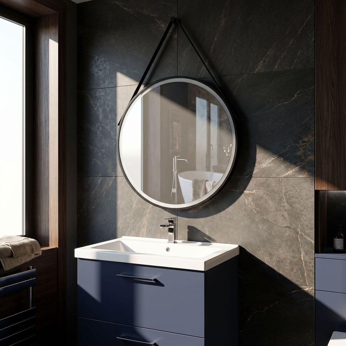 [BMFR721] Quixhill Round LED Illuminated Touch Sensor Framed Mirror with Demister & Strap - Choice of Colour and Size - Lifestyle 2