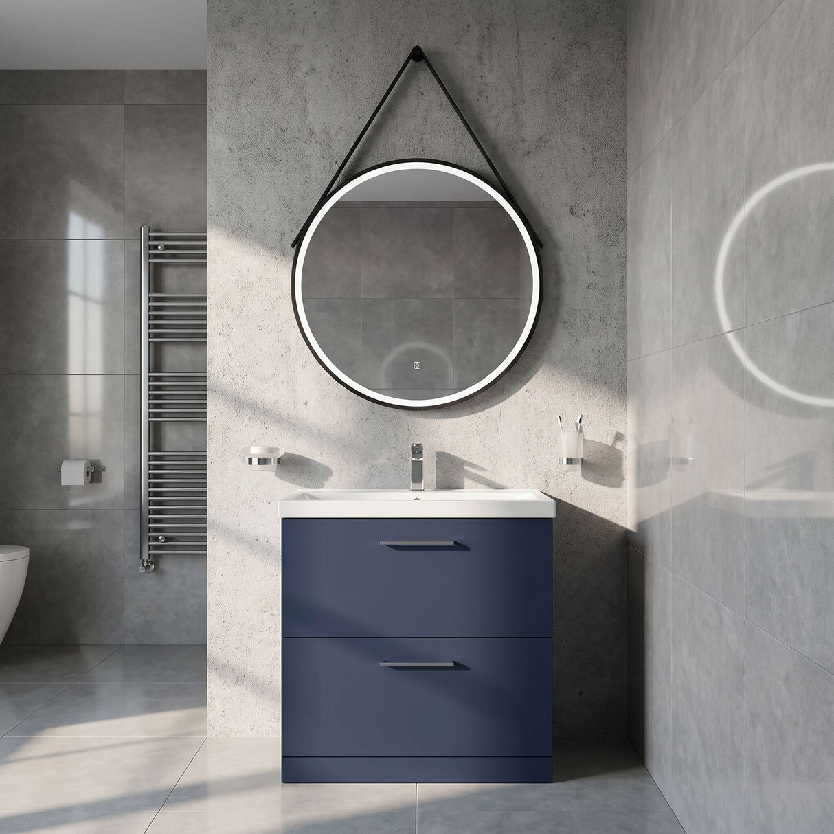 [BMFR721] Quixhill Round LED Illuminated Touch Sensor Framed Mirror with Demister & Strap - Choice of Colour and Size - Lifestyle 3