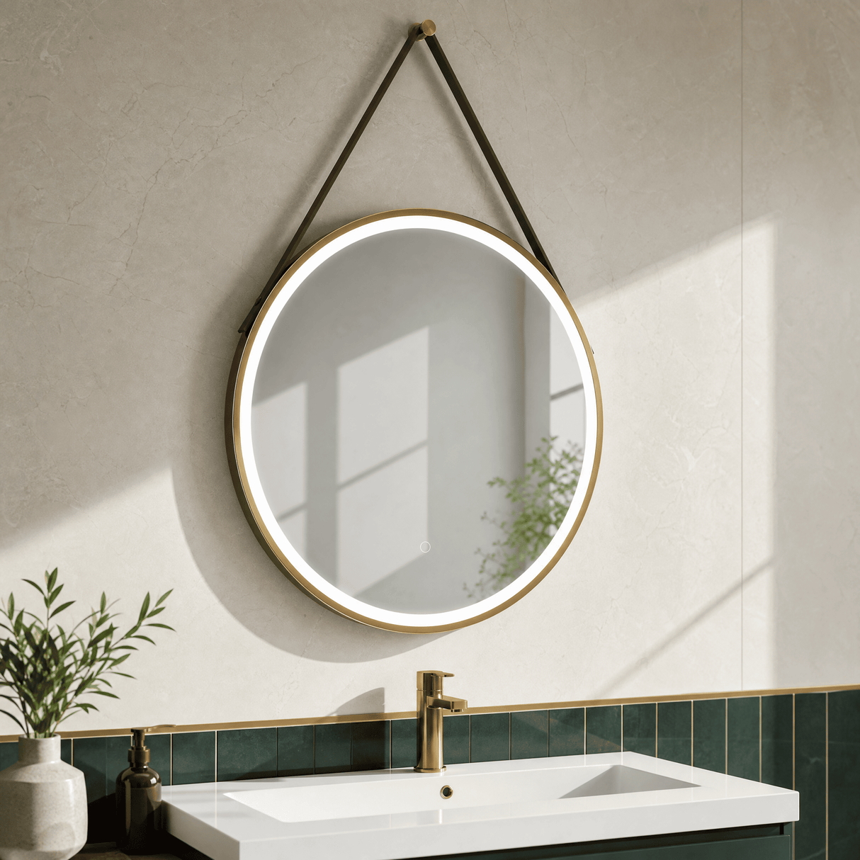 [BMFR722] Quixhill Round LED Illuminated Touch Sensor Framed Mirror with Demister & Strap - Choice of Colour and Size - Lifestyle 1
