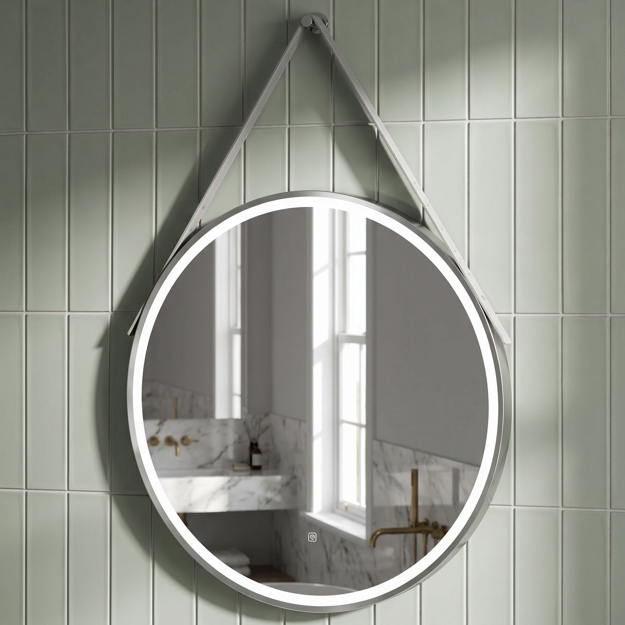 [BMFR723] Quixhill Round LED Illuminated Touch Sensor Framed Mirror with Demister & Strap - Choice of Colour and Size - Lifestyle 2