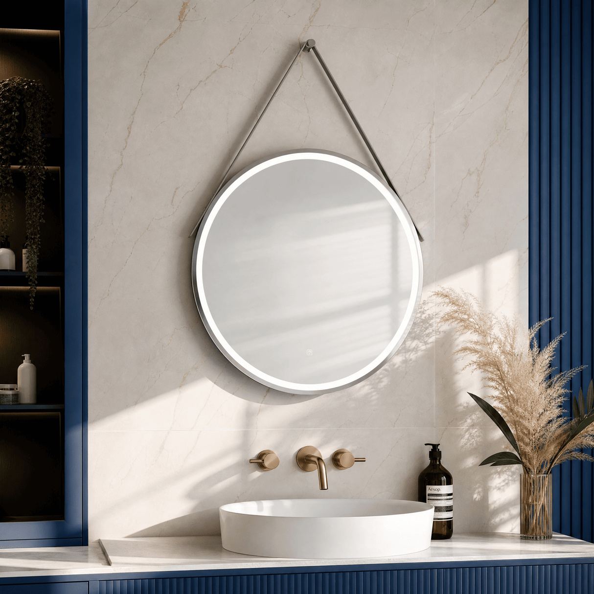 [BMFR723] Quixhill Round LED Illuminated Touch Sensor Framed Mirror with Demister & Strap - Choice of Colour and Size - Lifestyle 3