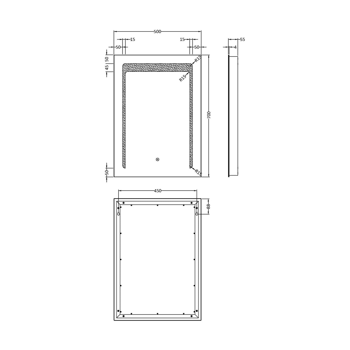 [BMLD501] Talke Rectangular LED Illuminated Touch Sensor Mirror with Demister, 700mm x 500mm - Technical Drawing