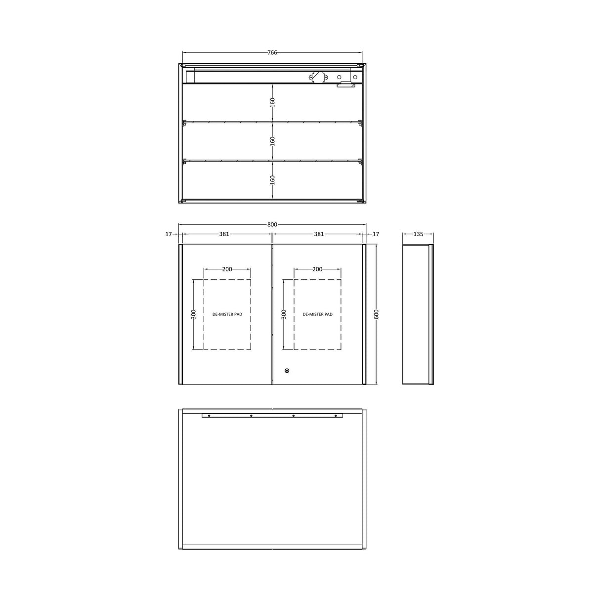 [BMMC094] Talke 2 Door Touch Sensor Mirror Cabinet with Demister & Shaver Socket, 800 x 600mm - Technical Drawing