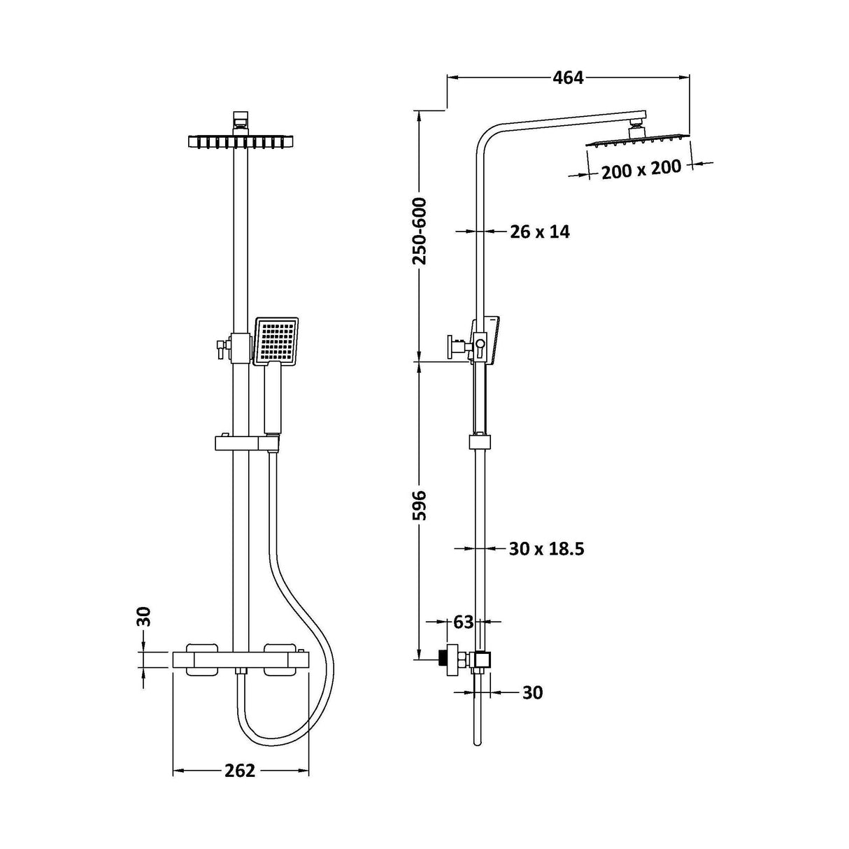 [BRV388E] Balterley Square Thermostatic Shower Kit with Fixed Head and Adjustable Handset - Chrome - Technical Drawing