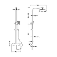 [BRV388E] Balterley Square Thermostatic Shower Kit with Fixed Head and Adjustable Handset - Chrome - Technical Drawing