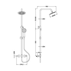 [BRV395E] Balterley Contemporary Round Thermostatic Shower Kit with Fixed Head and Adjustable Handset - Chrome - Technical Drawing