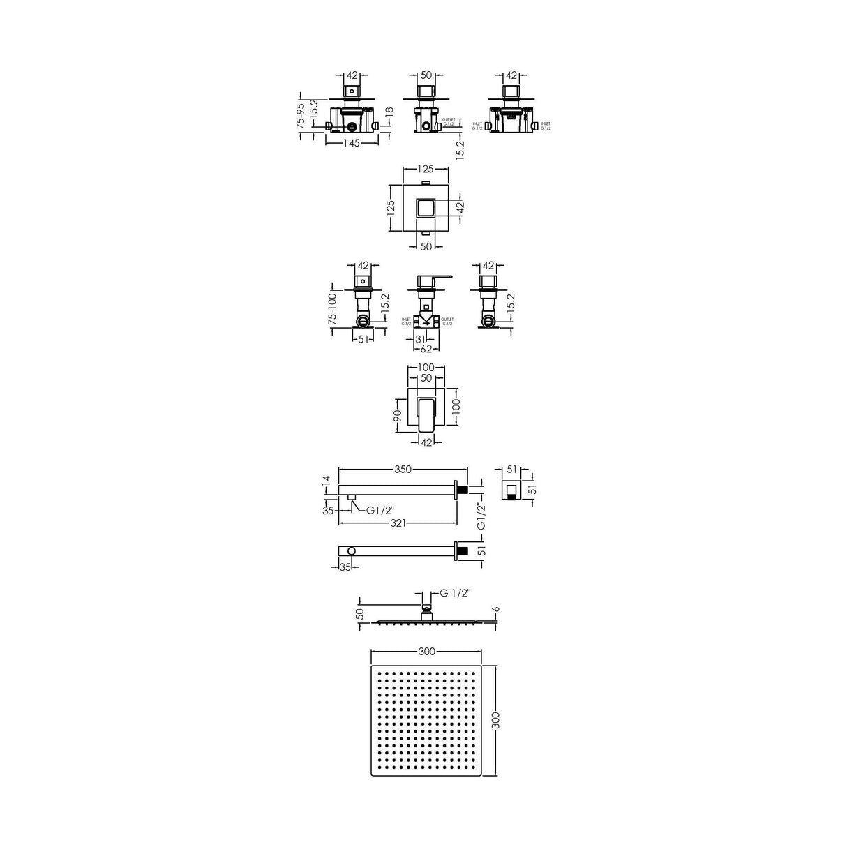 [BSB125ST1] 1 Outlet Luxury Shower Bundle - Stop Tap, Temperature Control, Arm & Head - Chrome - Technical Drawing