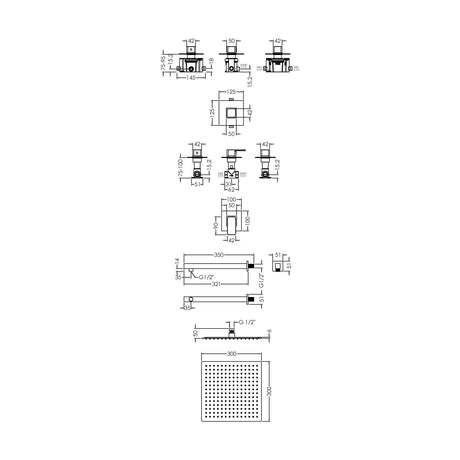 [BSB125ST1] 1 Outlet Luxury Shower Bundle - Stop Tap, Temperature Control, Arm & Head - Chrome - Technical Drawing
