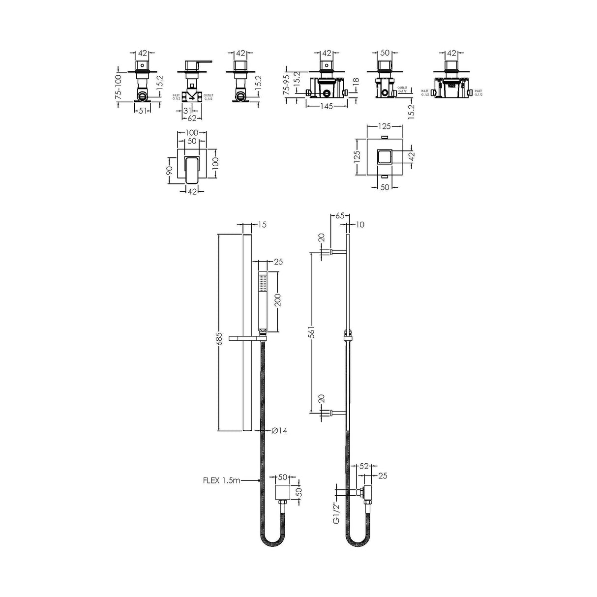 [BSB127ST1] 1 Outlet Luxury Shower Bundle - Stop Tap, Temperature Control & Slide Rail Kit - Chrome - Technical Drawing