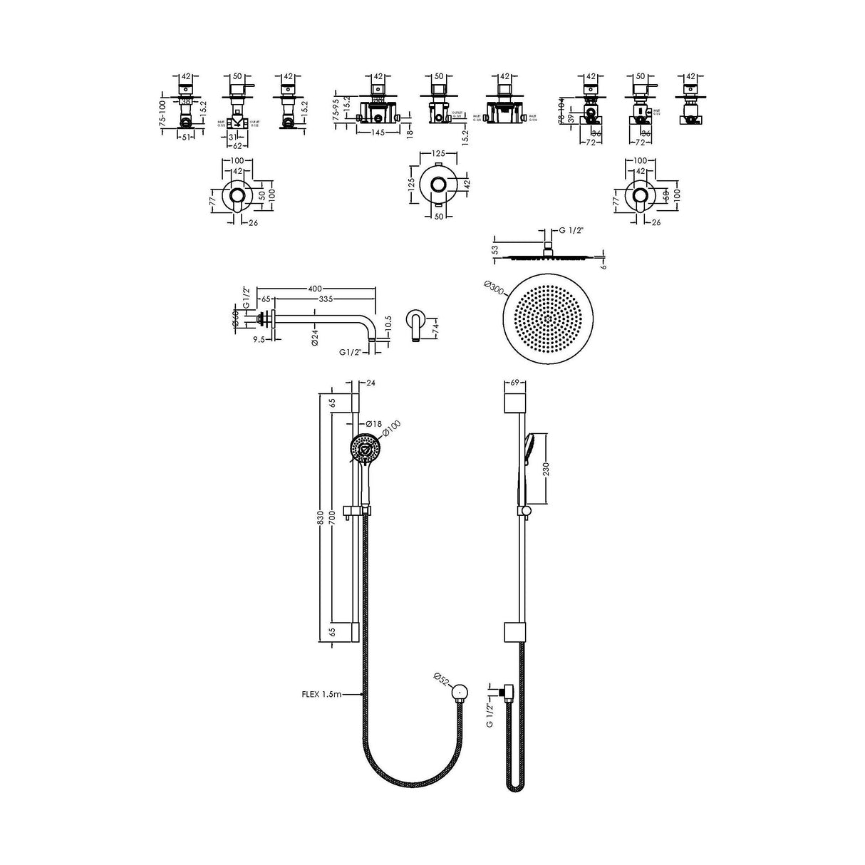 [BSB128ST2] 2 Outlet Concealed Valves Shower Bundle with Slide Rail Kit, Wall Mount Arm & Head - Chrome - Technical Drawing