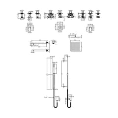 [BSB129ST2] 2 Outlet Concealed Valves Shower Bundle with Slide Rail Kit, Wall Mount Arm & Head - Chrome - Technical Drawing