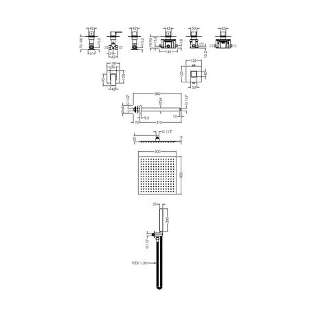 [BSB130ST2] 2 Outlet Concealed Valves Shower Bundle with Handset, Ceiling Mount Arm & Head - Chrome - Technical Drawing
