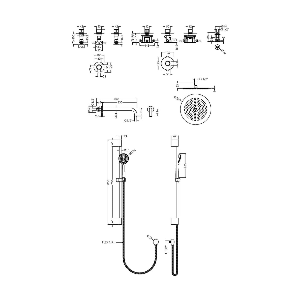 [BSB134ST3] 3 Outlet Concealed Valves Shower Bundle with Slide Rail Kit, Wall Mount Arm, Head & Body Jet- Chrome - Technical Drawing