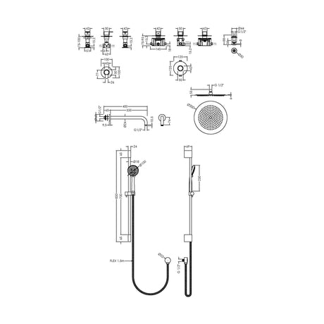 [BSB134ST3] 3 Outlet Concealed Valves Shower Bundle with Slide Rail Kit, Wall Mount Arm, Head & Body Jet- Chrome - Technical Drawing