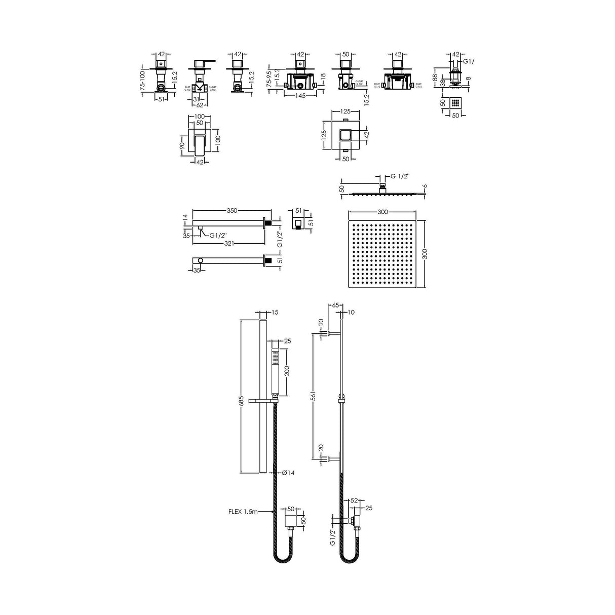 [BSB135ST3] 3 Outlet Concealed Valves Shower Bundle with Slide Rail Kit, Wall Mount Arm, Head & Body Jet- Chrome - Technical Drawing