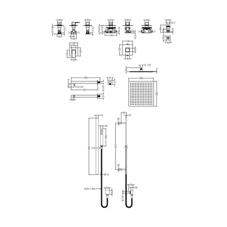 [BSB135ST3] 3 Outlet Concealed Valves Shower Bundle with Slide Rail Kit, Wall Mount Arm, Head & Body Jet- Chrome - Technical Drawing