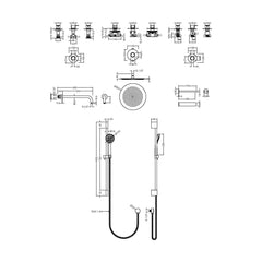 [BSB136ST3] 3 Outlet Concealed Valves Shower Bundle with Slide Rail Kit, Wall Mount Arm, Head & Bath Spout- Chrome - Technical Drawing