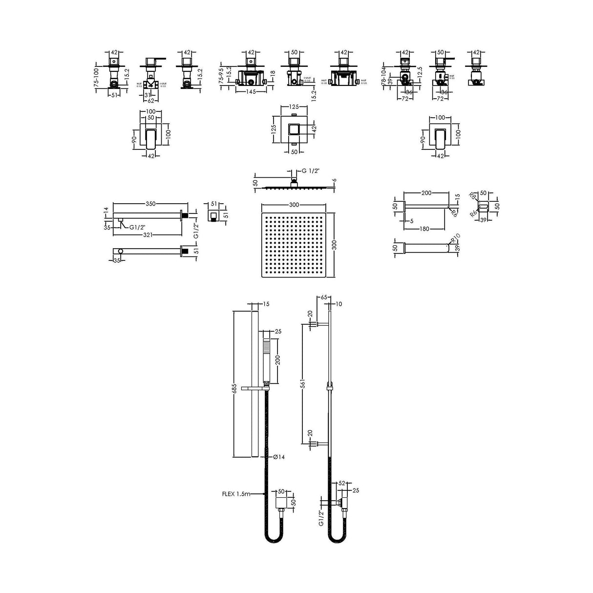 [BSB137ST3] 3 Outlet Concealed Valves Shower Bundle with Slide Rail Kit, Wall Mount Arm, Head & Bath Spout- Chrome - Technical Drawing